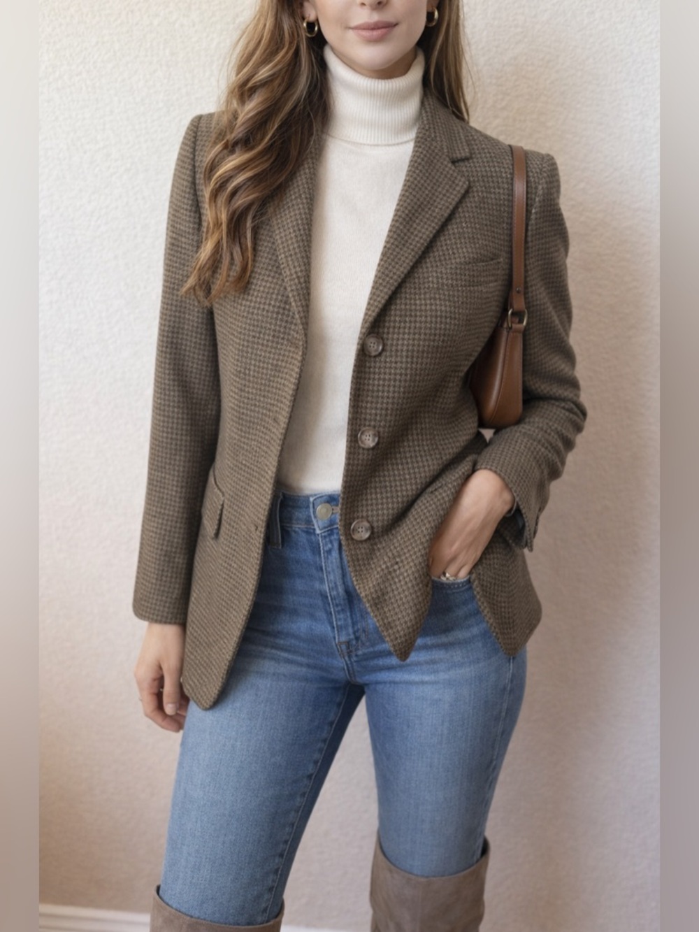 Ralph Lauren Wool Houndstooth Blazer Olive Brown USA Made Size 8 Classic